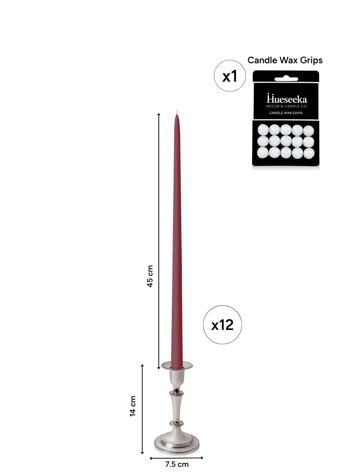 Burgundy 45cm Taper Candles with Medium Antique Silver Eloise Candle Holders - Set of 6 Pack of 6
