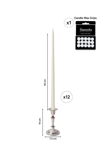 Ivory 45cm Taper Candles with Medium Antique Silver Eloise Candle Holders - Set of 6 Pack of 6