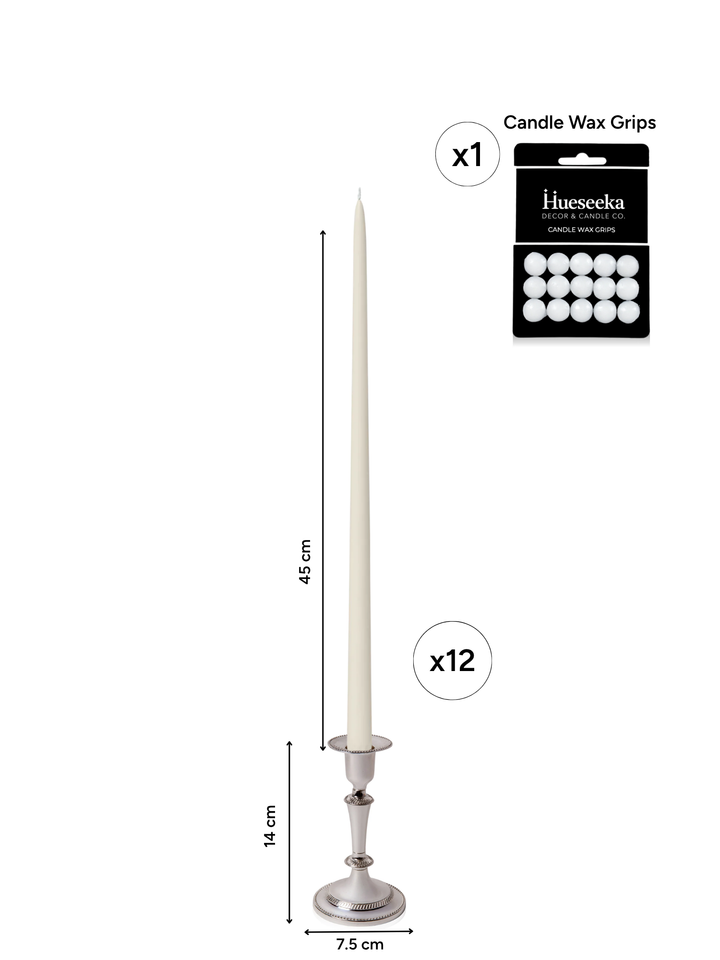 Ivory 45cm Taper Candles with Medium Antique Silver Eloise Candle Holders - Set of 6 Pack of 6