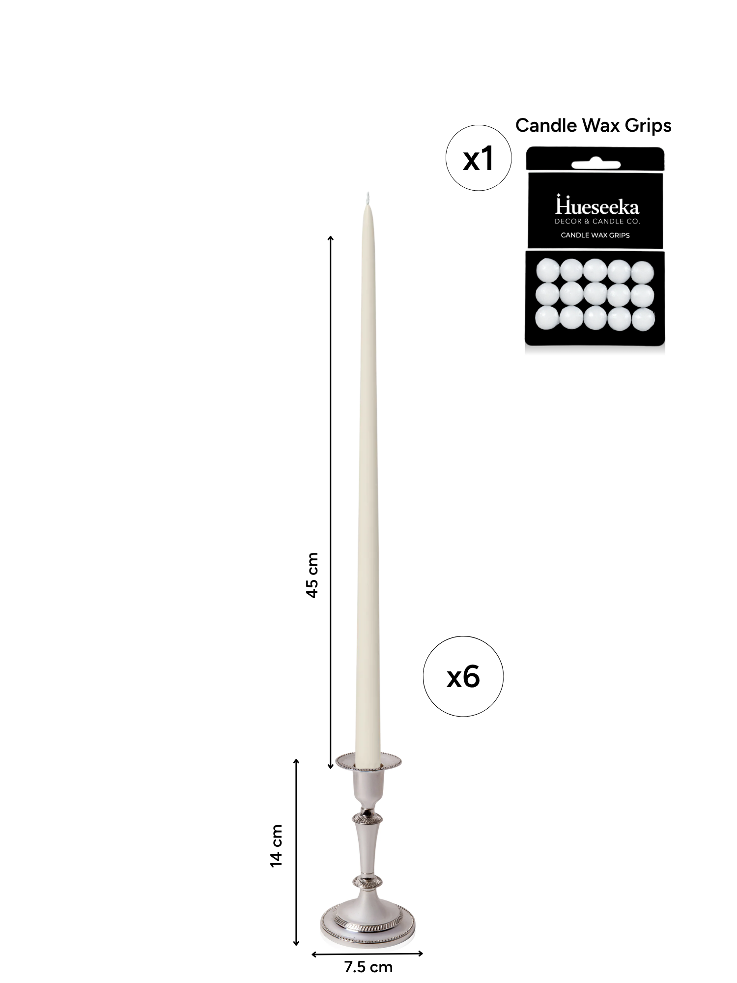 Ivory 45cm Taper Candles with Medium Antique Silver Eloise Candle Holders - Set of 6