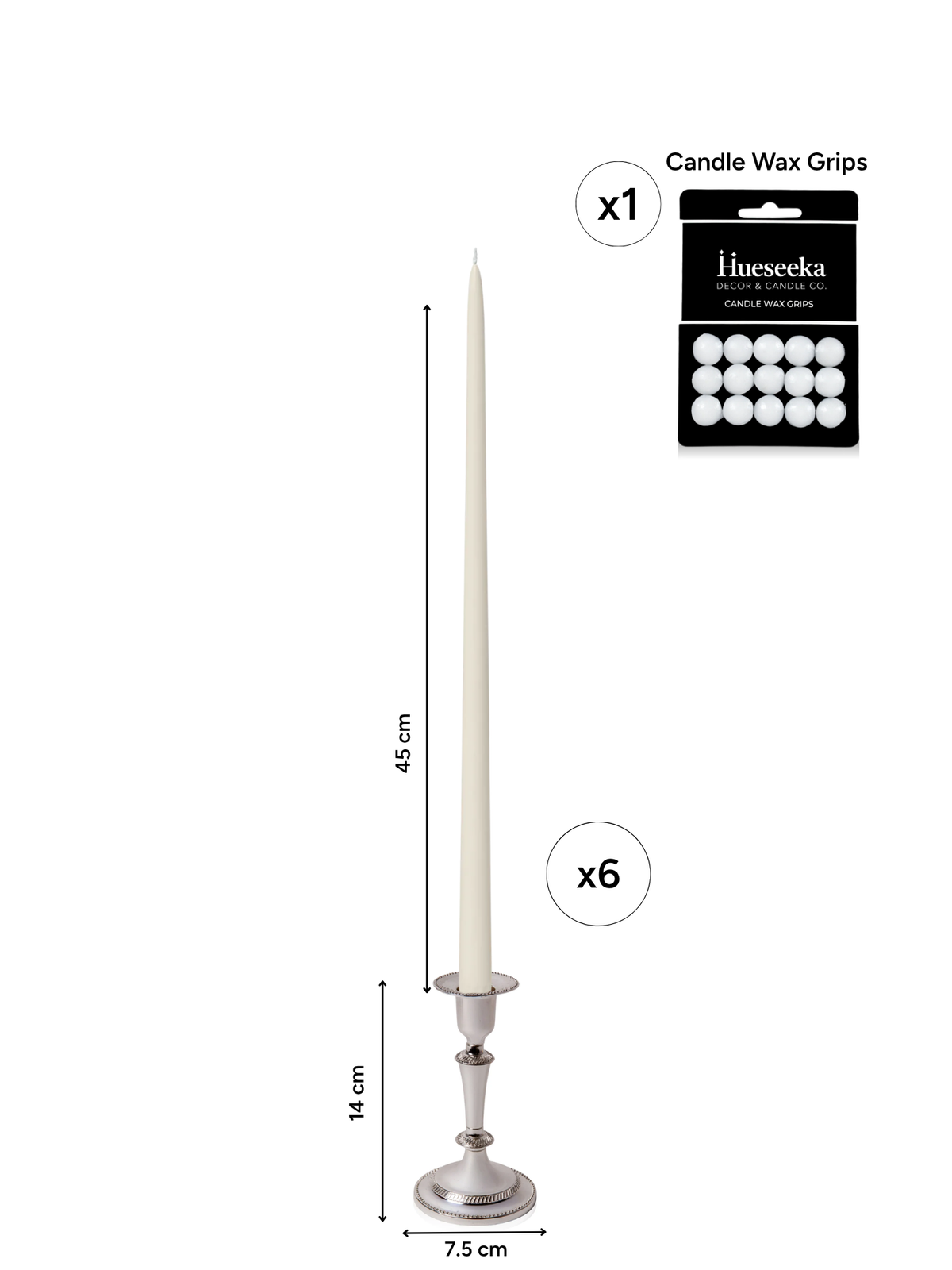 Ivory 45cm Taper Candles with Medium Antique Silver Eloise Candle Holders - Set of 6