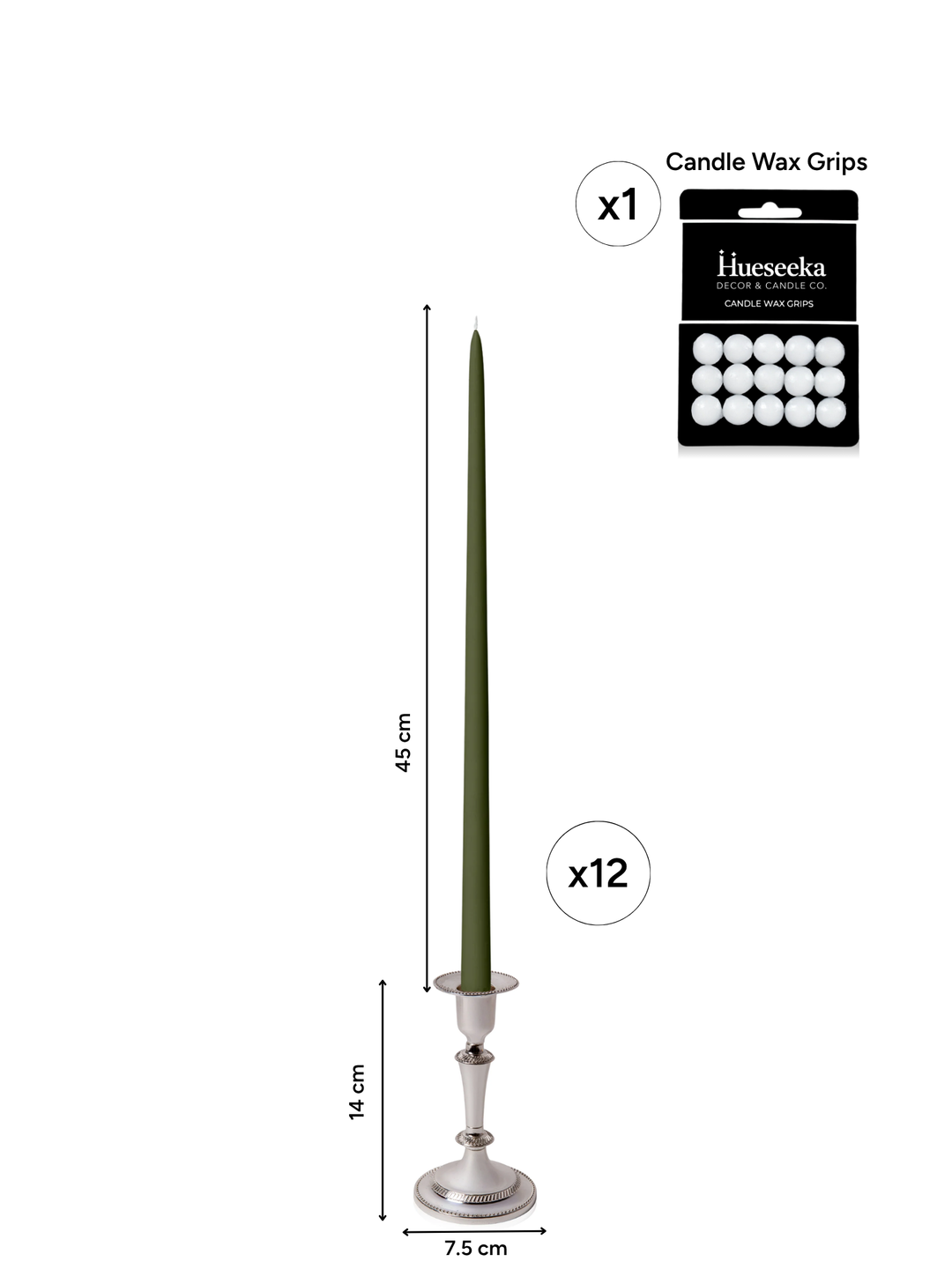 Olive 45cm Taper Candles with Medium Antique Silver Eloise Candle Holders - Set of 6 Pack of 6