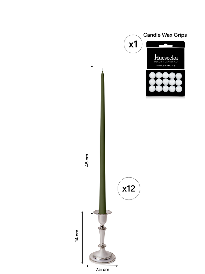 Olive 45cm Taper Candles with Medium Antique Silver Eloise Candle Holders - Set of 6 Pack of 6