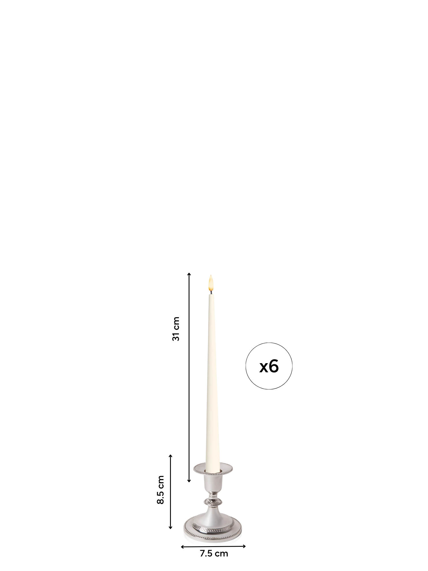 Ivory 31cm LED Taper Candles with Small Antique Silver Eloise Candle Holders - Set of 6