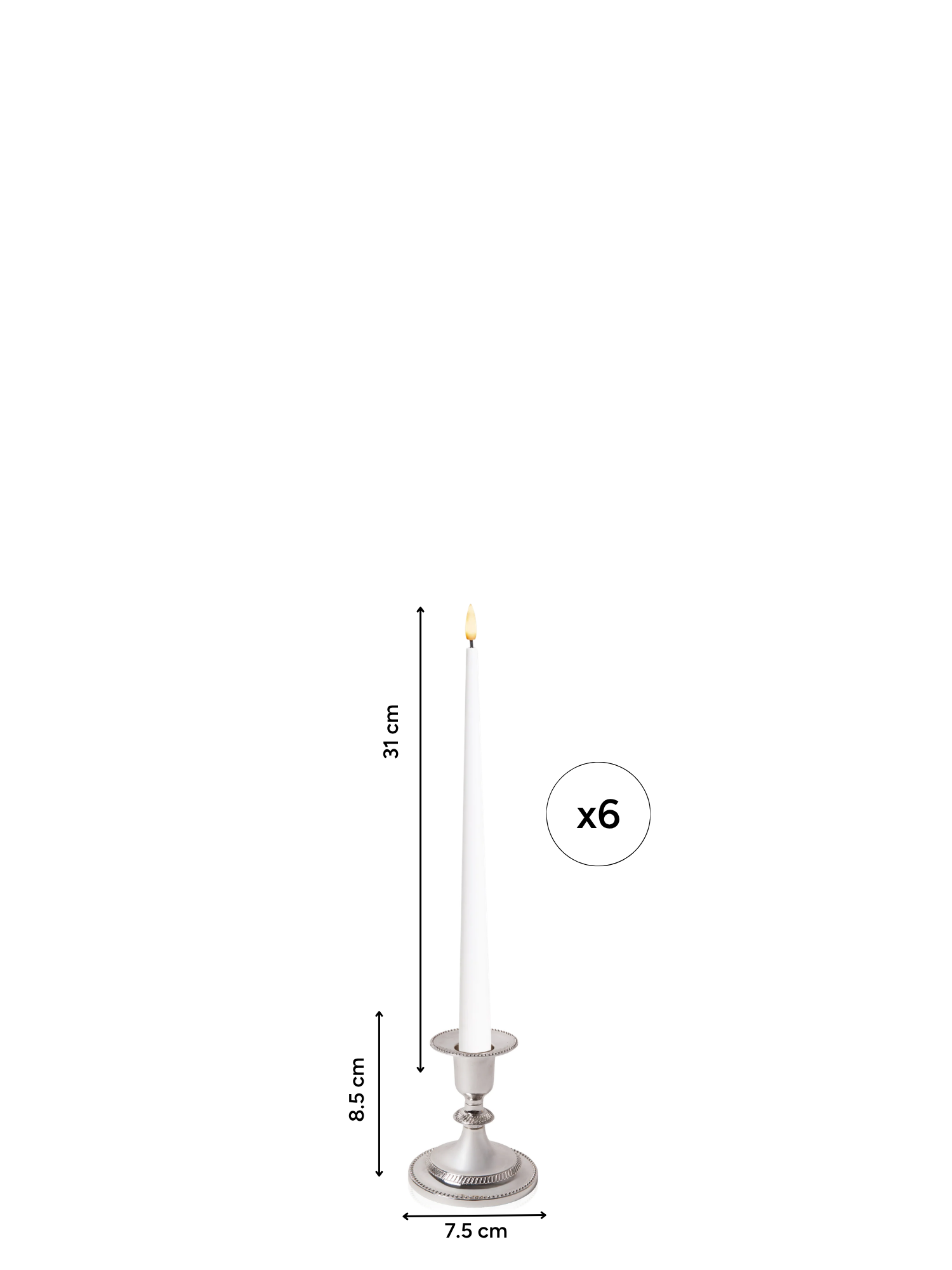 White 31cm LED Taper Candles with Small Antique Silver Eloise Candle Holders - Set of 6