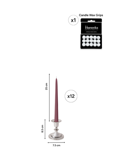 Burgundy 25cm Taper Candles with Small Antique Silver Eloise Candle Holders - Set of 12 Pack of 12
