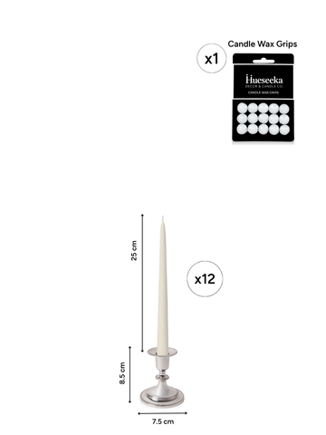 Ivory 25cm Taper Candles with Small Antique Silver Eloise Candle Holders - Set of 12 Pack of 12