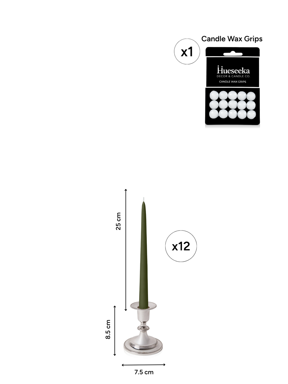 Olive 25cm Taper Candles with Small Antique Silver Eloise Candle Holders - Set of 12 Pack of 12