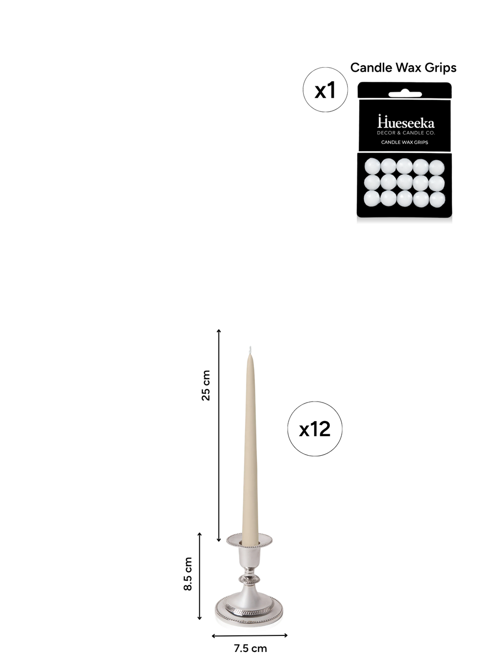 Sandstone 25cm Taper Candles with Small Antique Silver Eloise Candle Holders - Set of 12 Pack of 12