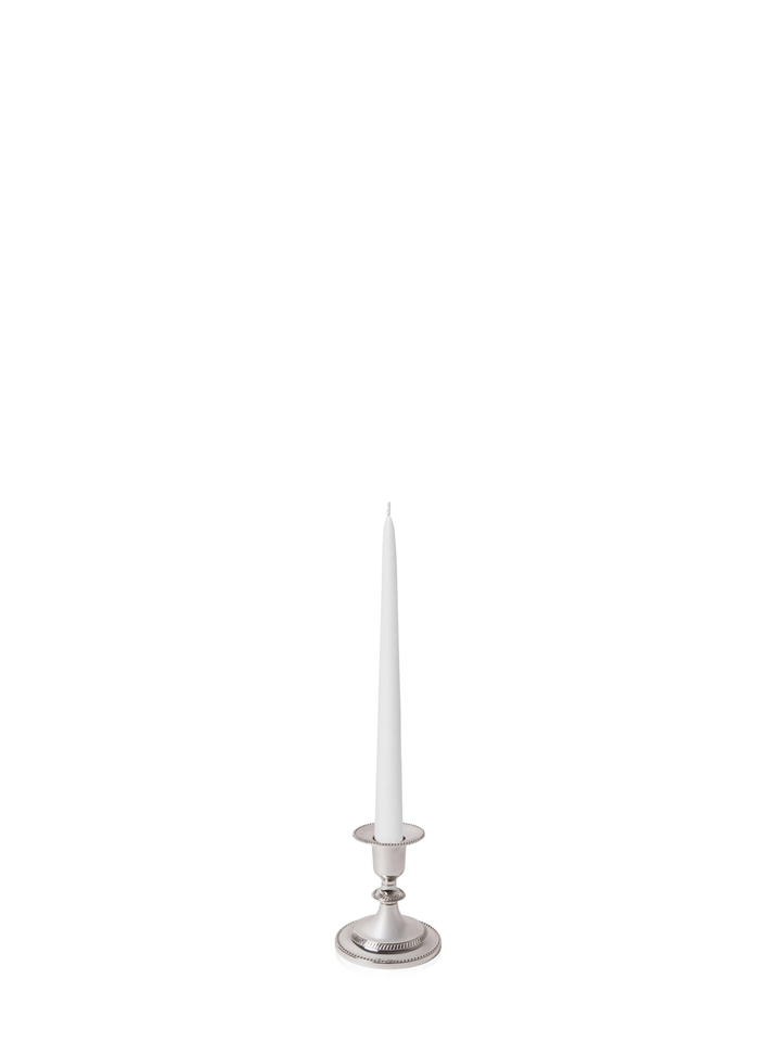 White 25cm Taper Candles with Small Antique Silver Eloise Candle Holders - Set of 12 Pack of 12