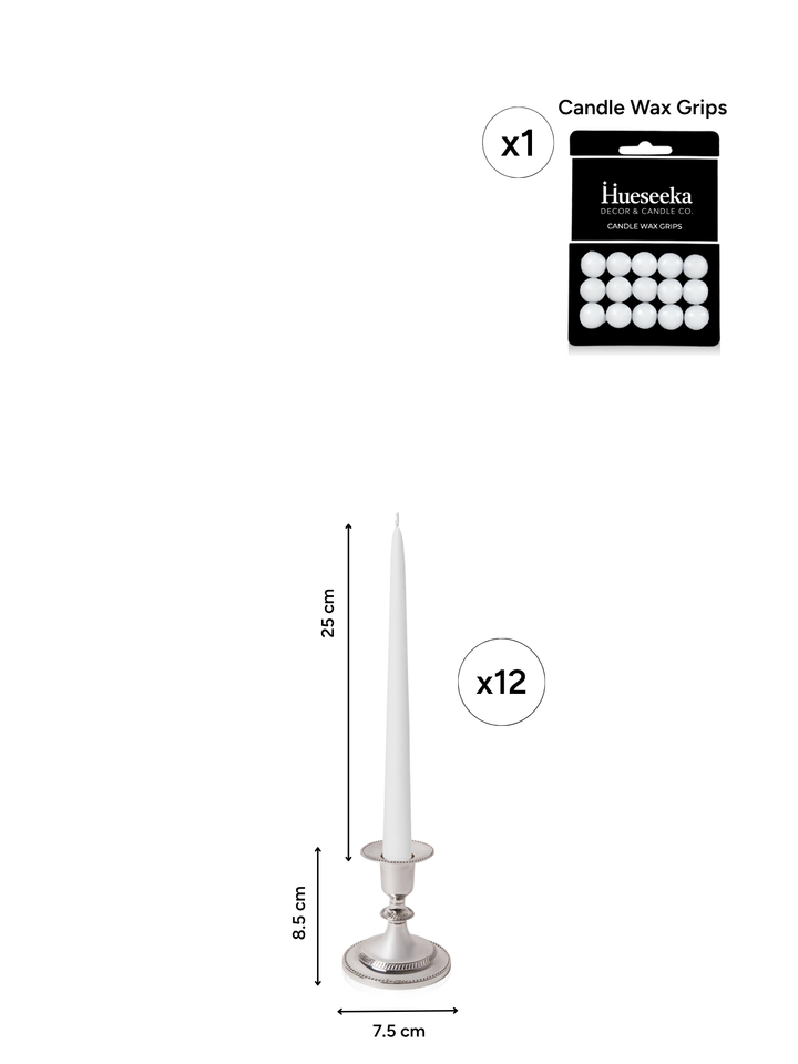 White 25cm Taper Candles with Small Antique Silver Eloise Candle Holders - Set of 12 Pack of 12