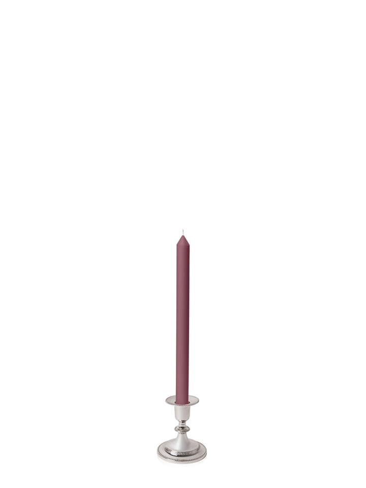 Burgundy 30cm Dinner Candles with Small Antique Silver Eloise Candle Holders and Sleeves - Set of 12 Pack of 12