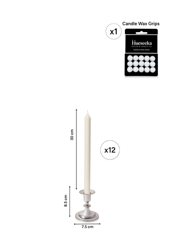 Ivory 30cm Dinner Candles with Small Antique Silver Eloise Candle Holders and Sleeves - Set of 12 Pack of 12