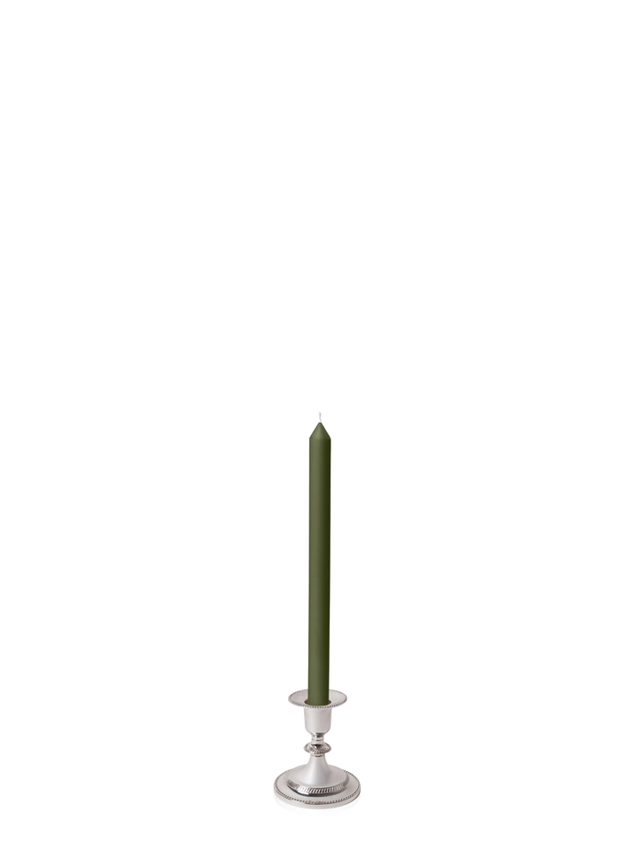 Olive 30cm Dinner Candles with Small Antique Silver Eloise Candle Holders - Set of 12 Pack of 12