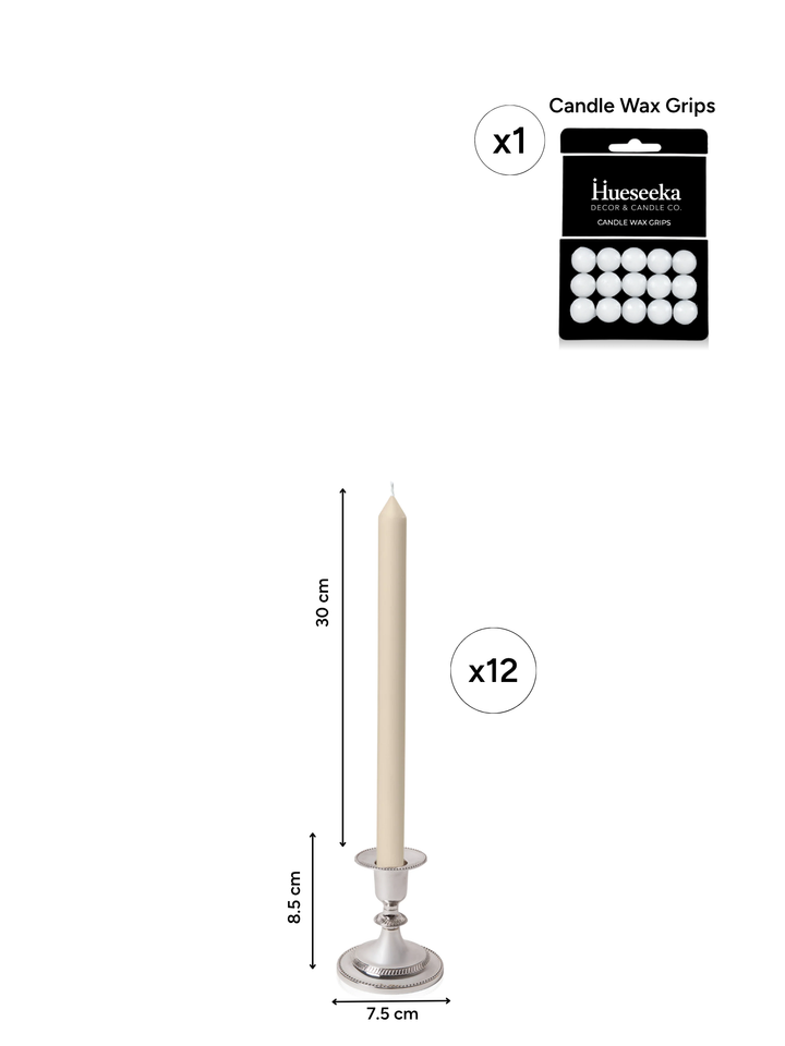 Sandstone 30cm Dinner Candles with Small Antique Silver Eloise Candle Holders and Sleeves - Set of 12 Pack of 12