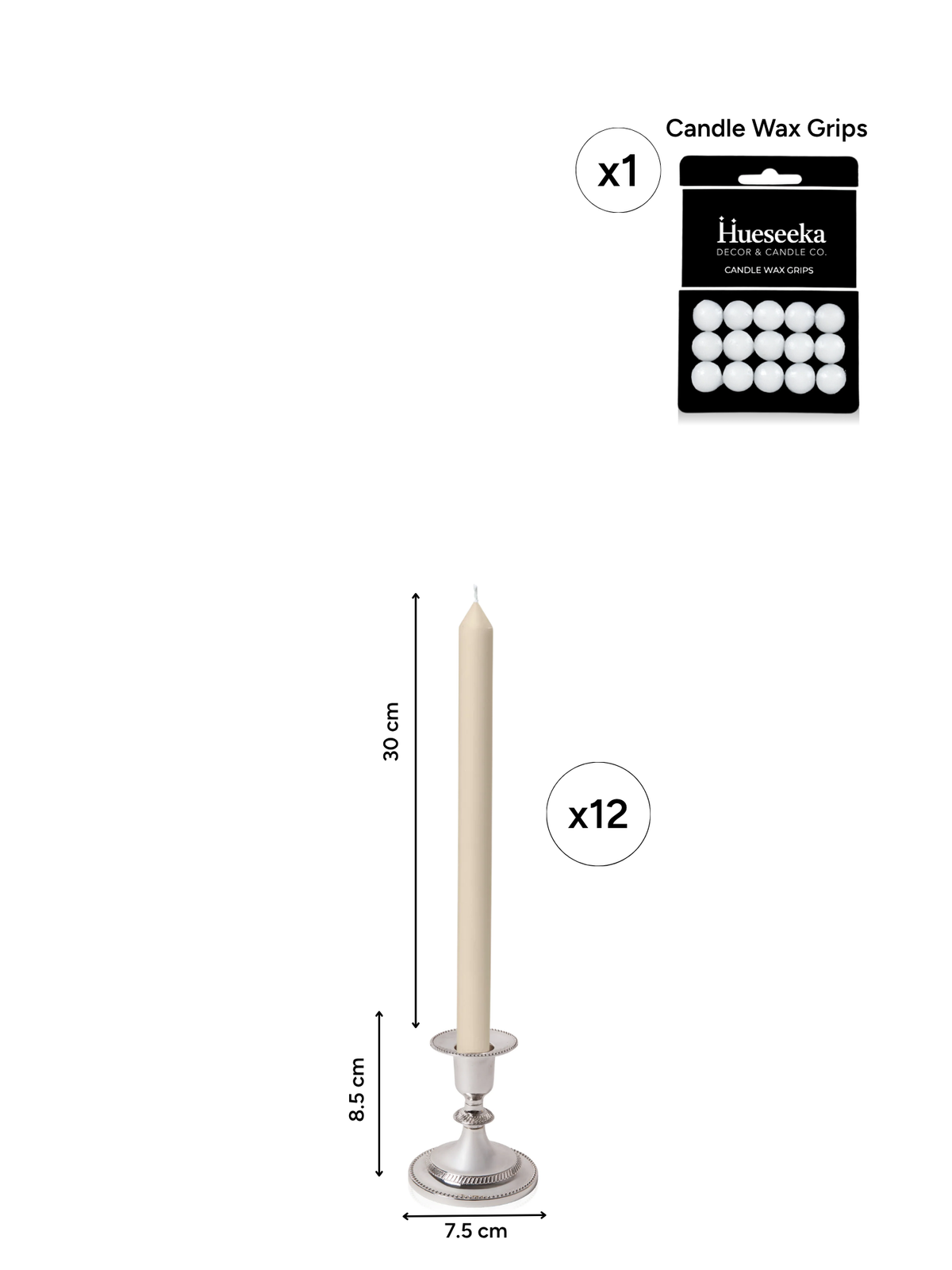 Sandstone 30cm Dinner Candles with Small Antique Silver Eloise Candle Holders - Set of 12