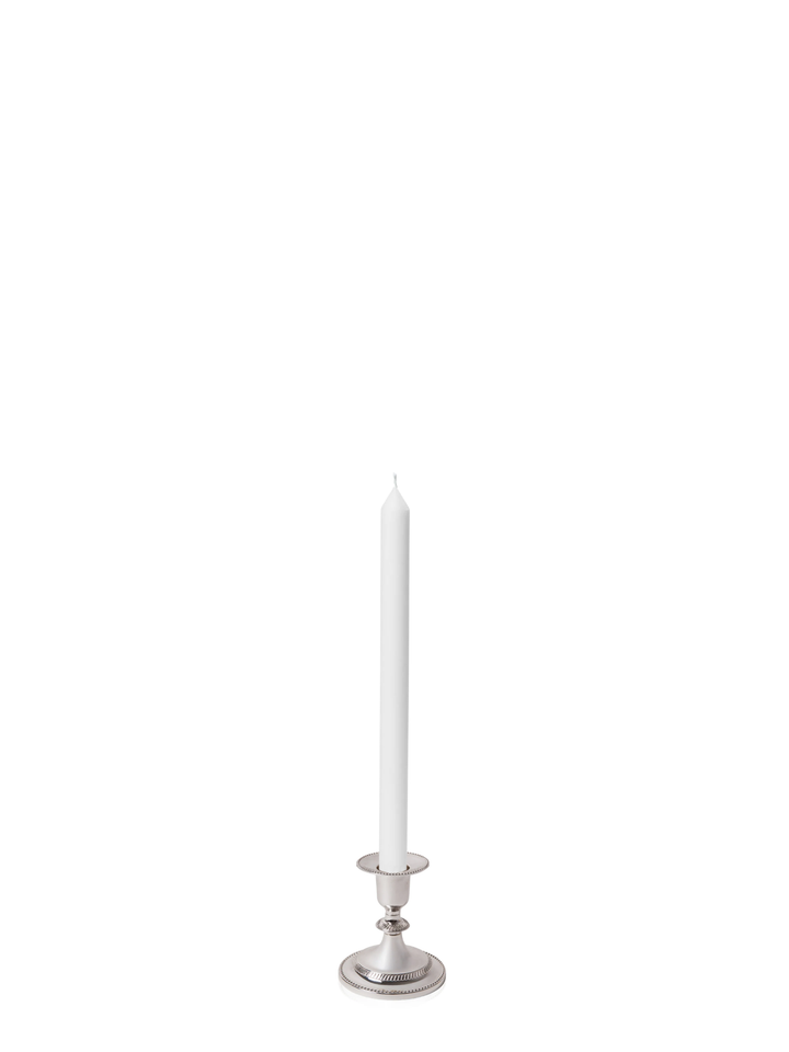 White 30cm Dinner Candles with Small Antique Silver Eloise Candle Holders - Set of 12 Pack of 12