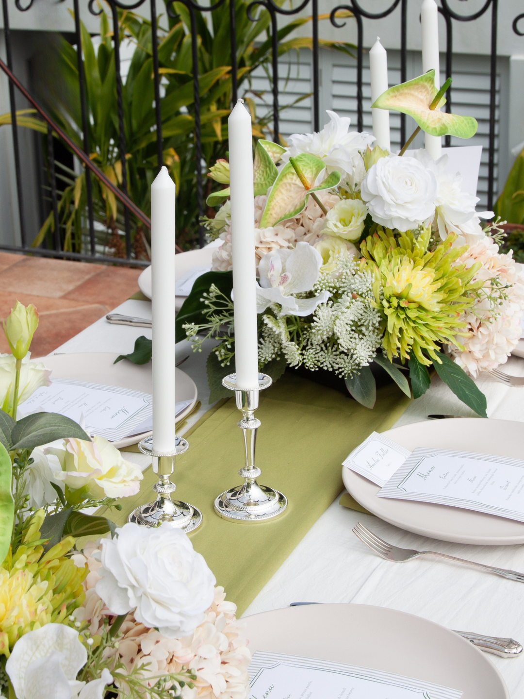 White 30cm Dinner Candles with Small Antique Silver Eloise Candle Holders and Sleeves - Set of 12 Pack of 12