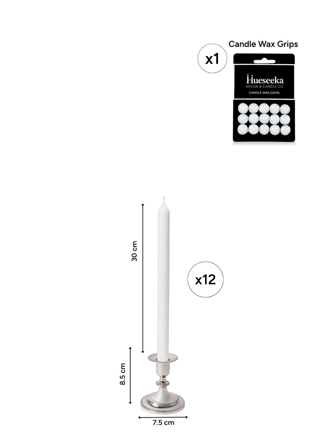 White 30cm Dinner Candles with Small Antique Silver Eloise Candle Holders and Sleeves - Set of 12 Pack of 12