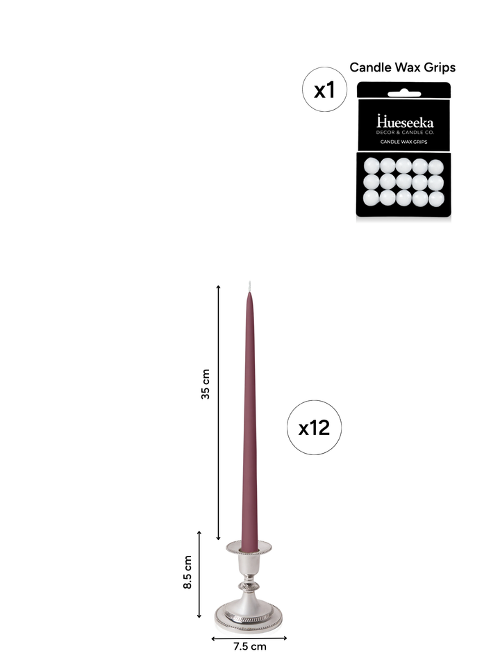 Burgundy 35cm Taper Candles with Small Antique Silver Eloise Candle Holders and Sleeves - Set of 12 Pack of 12