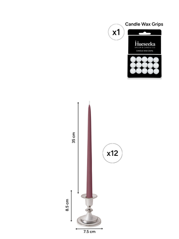 Burgundy 35cm Taper Candles with Small Antique Silver Eloise Candle Holders - Set of 12 Pack of 12