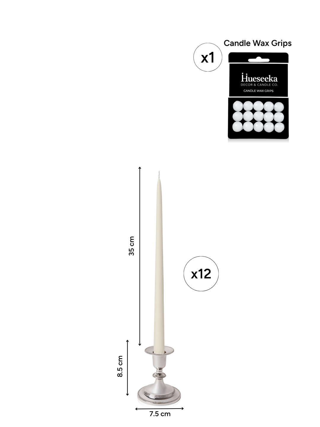 Ivory 35cm Taper Candles with Small Antique Silver Eloise Candle Holders - Set of 12 Pack of 12