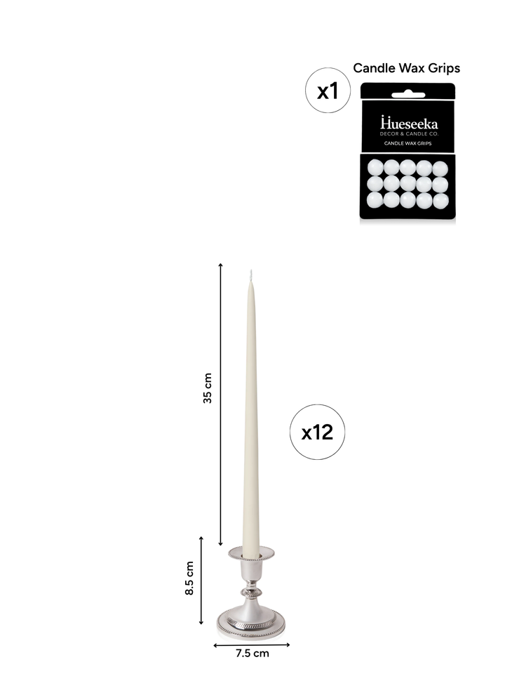 Ivory 35cm Taper Candles with Small Antique Silver Eloise Candle Holders - Set of 12 Pack of 12