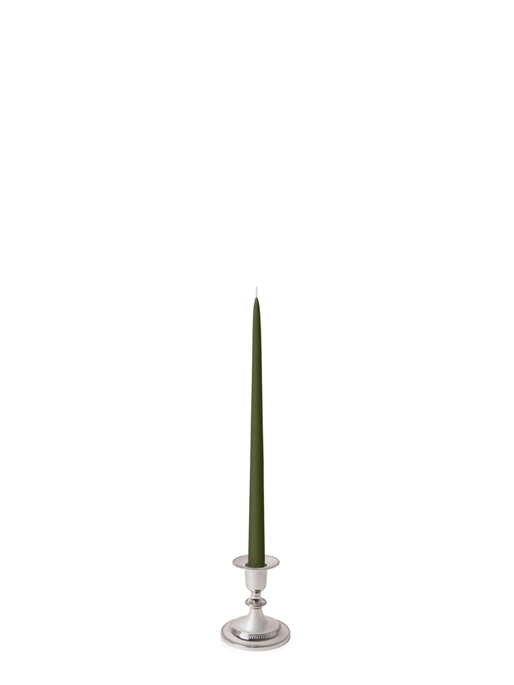 Olive 35cm Taper Candles with Small Antique Silver Eloise Candle Holders and Sleeves - Set of 12 Pack of 12