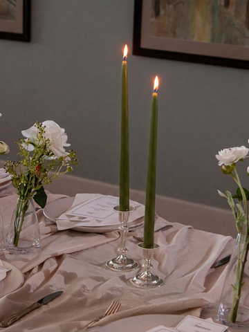 Olive 35cm Taper Candles with Small Antique Silver Eloise Candle Holders and Sleeves - Set of 12 Pack of 12