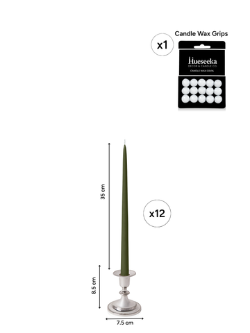 Olive 35cm Taper Candles with Small Antique Silver Eloise Candle Holders and Sleeves - Set of 12 Pack of 12