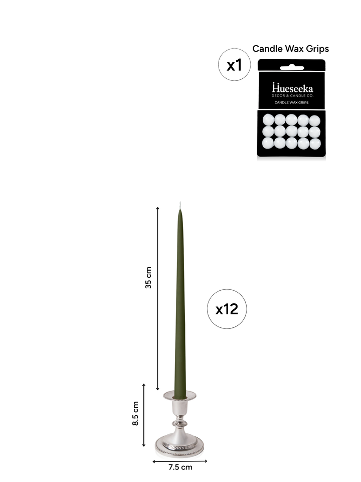 Olive 35cm Taper Candles with Small Antique Silver Eloise Candle Holders and Sleeves - Set of 12 Pack of 12
