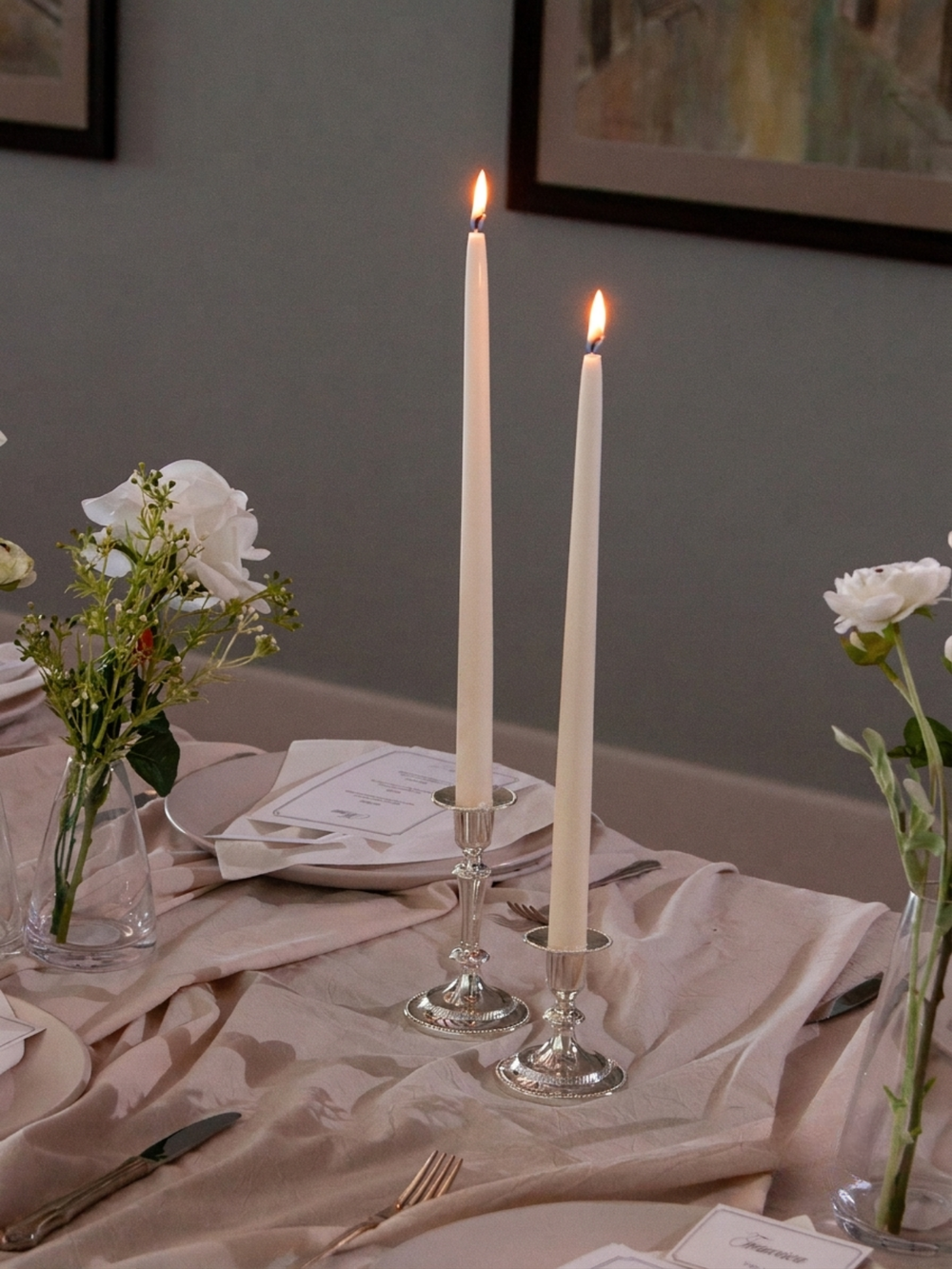 Sandstone 35cm Taper Candles with Small Antique Silver Eloise Candle Holders - Set of 12 Pack of 12