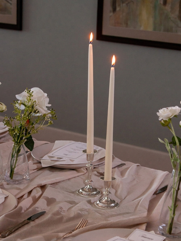 Sandstone 35cm Taper Candles with Small Antique Silver Eloise Candle Holders - Set of 12 Pack of 12