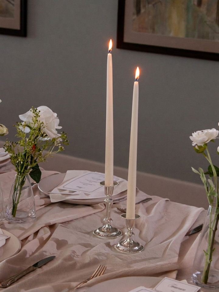 Sandstone 35cm Taper Candles with Small Antique Silver Eloise Candle Holders - Set of 12 Pack of 12