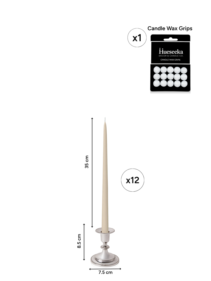 Sandstone 35cm Taper Candles with Small Antique Silver Eloise Candle Holders - Set of 12 Pack of 12