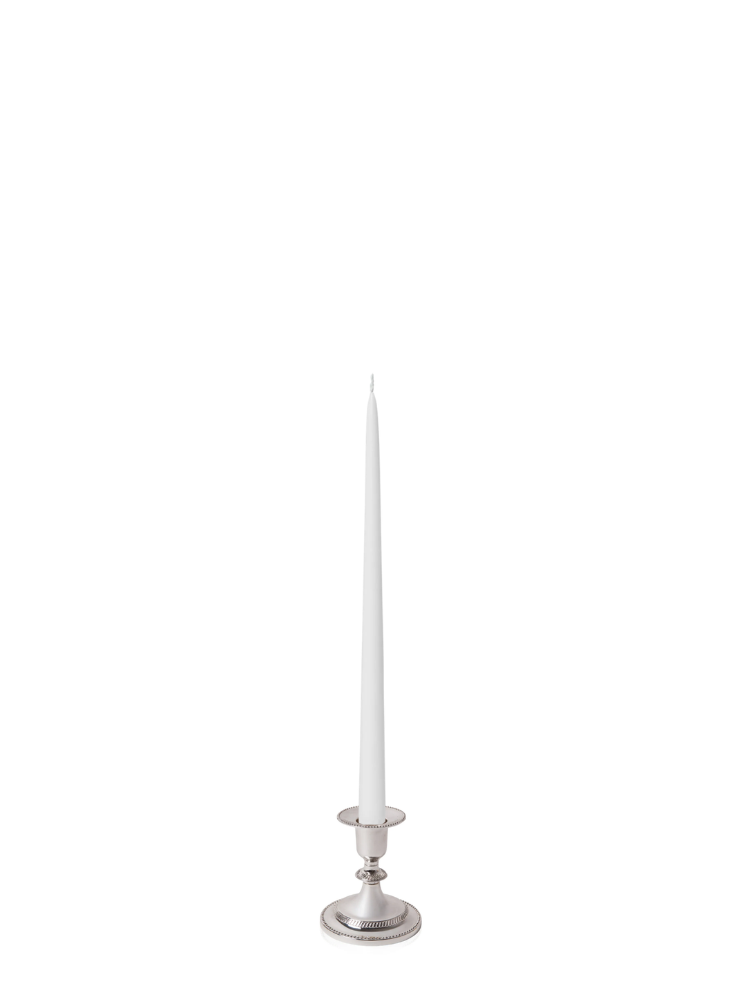 White 35cm Taper Candles with Small Antique Silver Eloise Candle Holders and Sleeves - Set of 12 Pack of 12