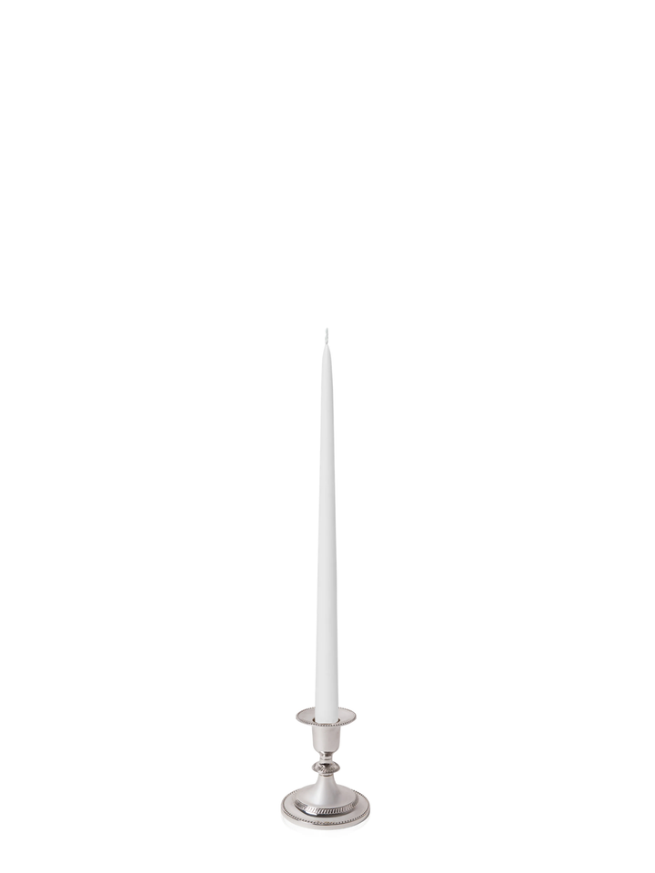 White 35cm Taper Candles with Small Antique Silver Eloise Candle Holders and Sleeves - Set of 12 Pack of 12