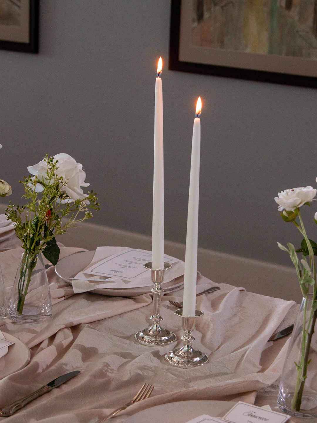 White 35cm Taper Candles with Small Antique Silver Eloise Candle Holders and Sleeves - Set of 12 Pack of 12