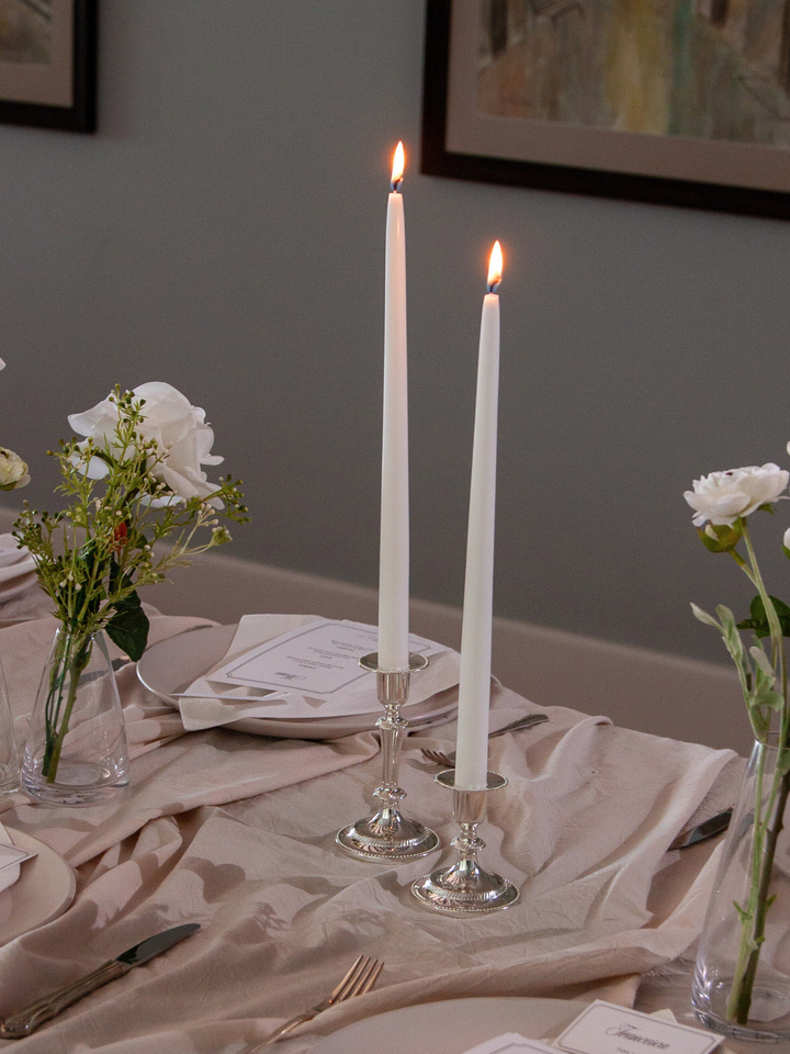 White 35cm Taper Candles with Small Antique Silver Eloise Candle Holders and Sleeves - Set of 12 Pack of 12