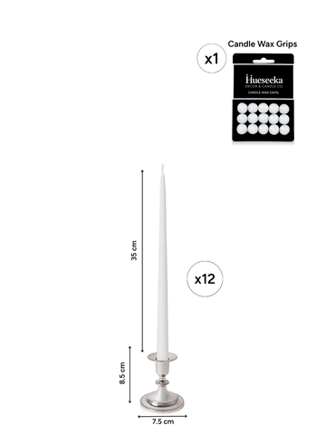White 35cm Taper Candles with Small Antique Silver Eloise Candle Holders and Sleeves - Set of 12 Pack of 12