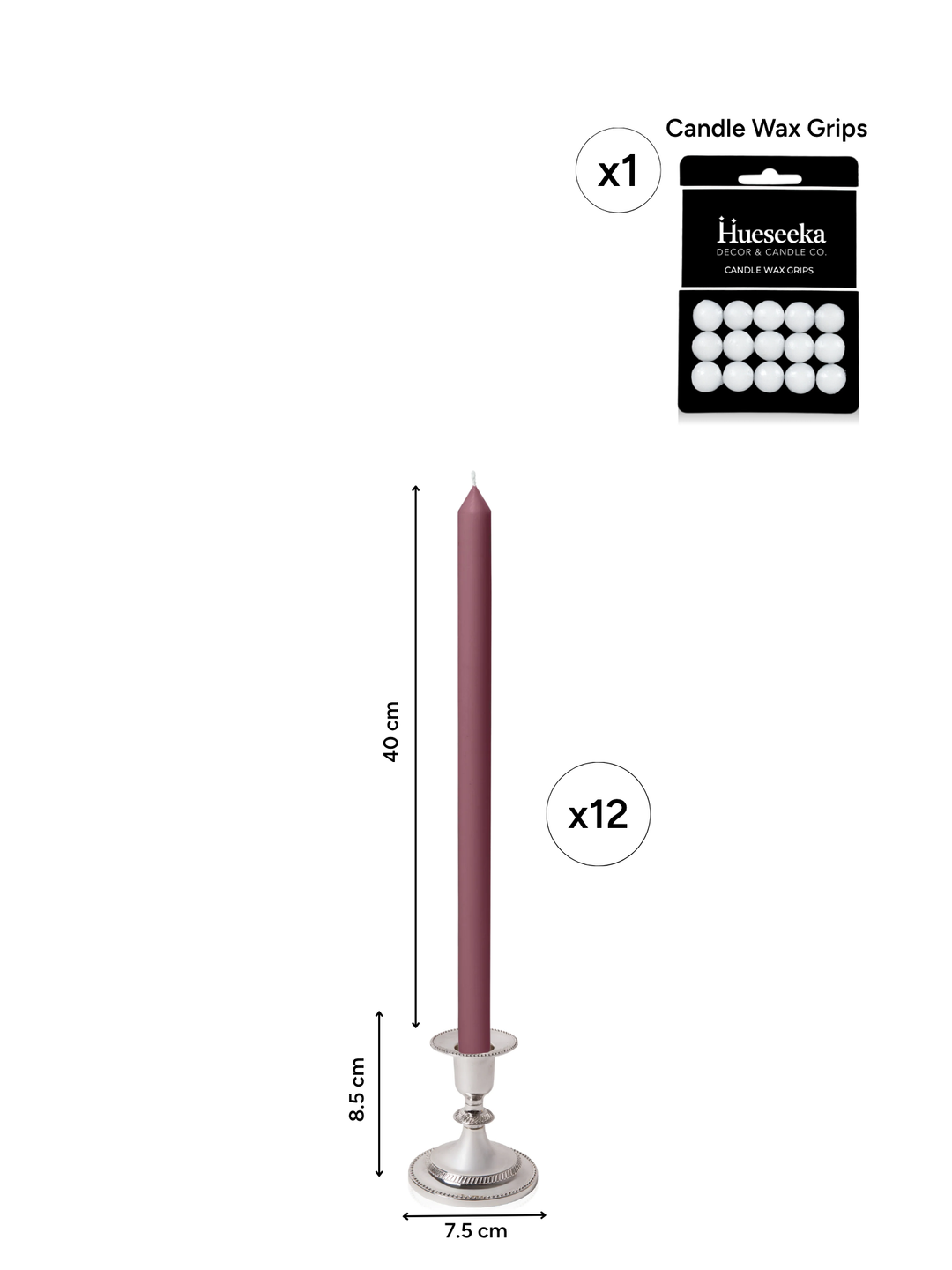 Burgundy 40cm Dinner Candles with Small Antique Silver Eloise Candle Holders - Set of 12 Pack of 12