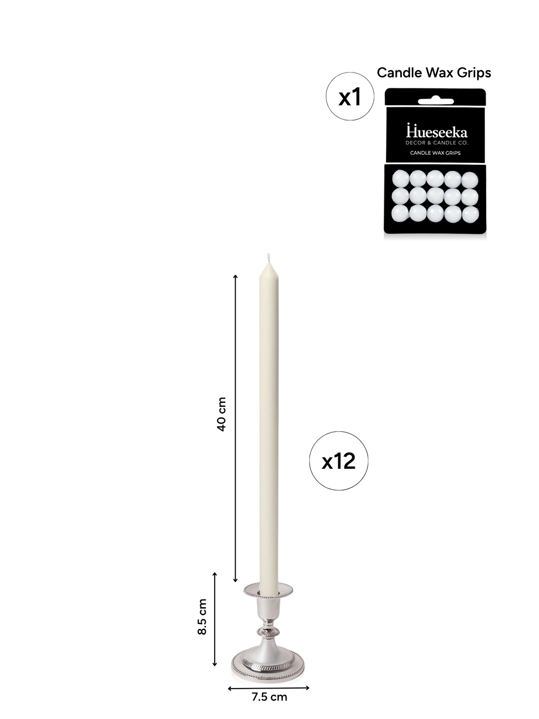 Ivory 40cm Dinner Candles with Small Antique Silver Eloise Candle Holders - Set of 12 Pack of 12