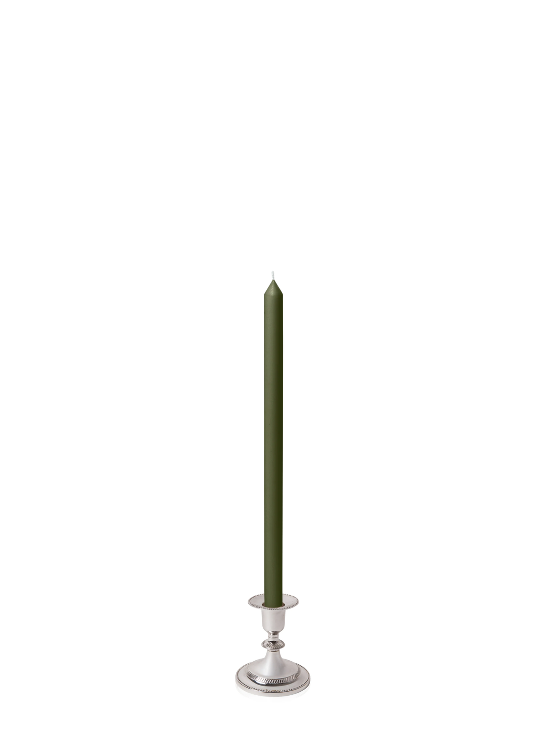 Olive 40cm Dinner Candles with Small Antique Silver Eloise Candle Holders - Set of 12 Pack of 12