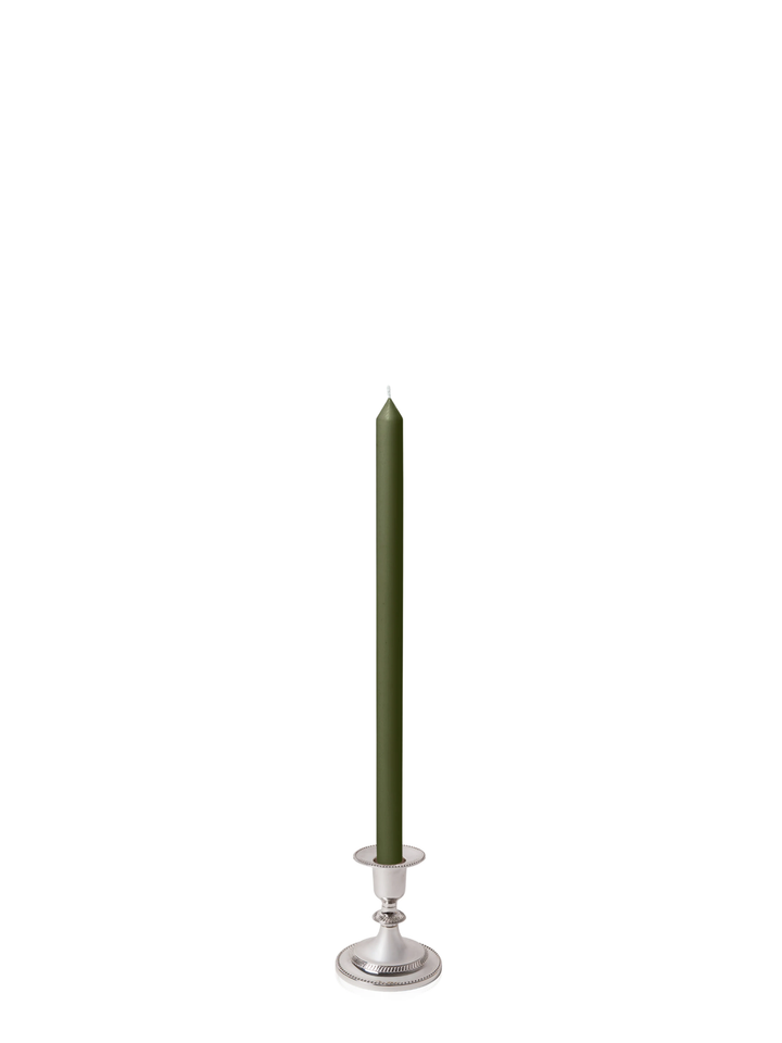 Olive 40cm Dinner Candles with Small Antique Silver Eloise Candle Holders - Set of 12 Pack of 12