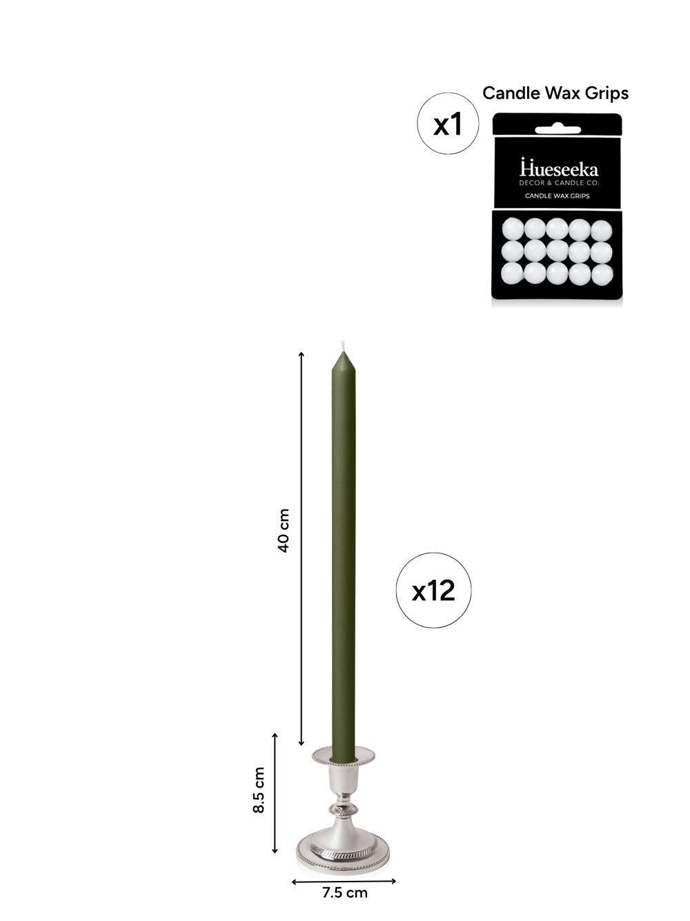 Olive 40cm Dinner Candles with Small Antique Silver Eloise Candle Holders - Set of 12 Pack of 12