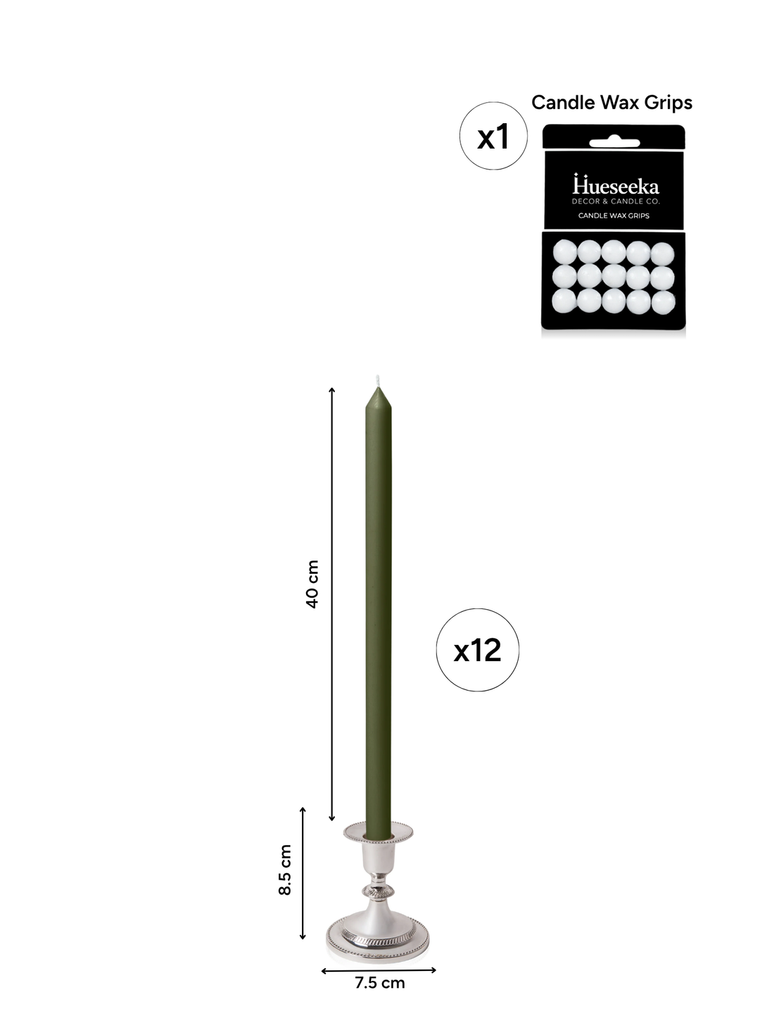 Olive 40cm Dinner Candles with Small Antique Silver Eloise Candle Holders - Set of 12 Pack of 12