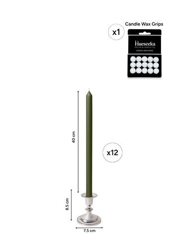 Olive 40cm Dinner Candles with Small Antique Silver Eloise Candle Holders - Set of 12 Pack of 12