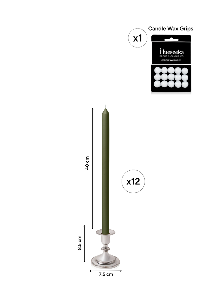 Olive 40cm Dinner Candles with Small Antique Silver Eloise Candle Holders - Set of 12 Pack of 12