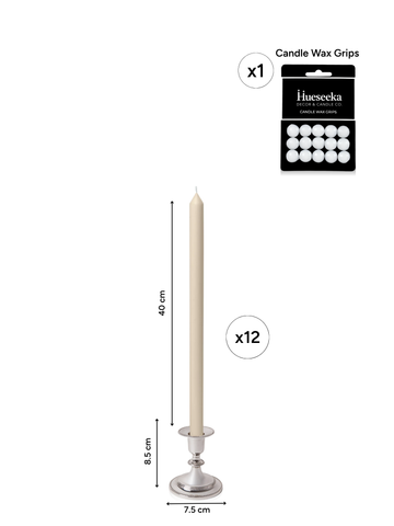 Sandstone 40cm Dinner Candles with Small Antique Silver Eloise Candle Holders - Set of 12 Pack of 12