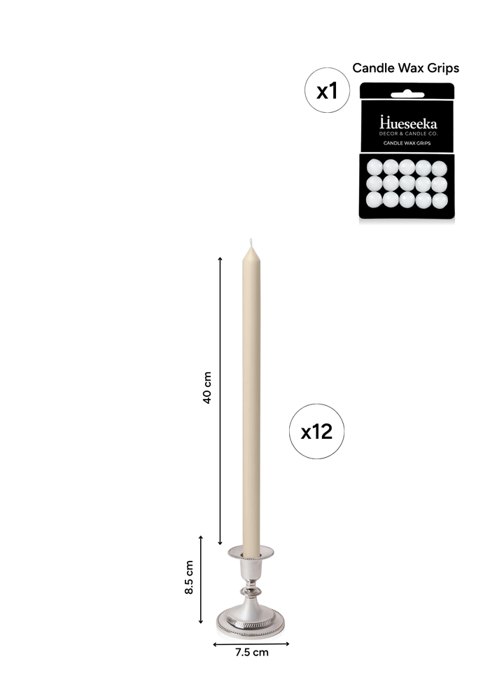 Sandstone 40cm Dinner Candles with Small Antique Silver Eloise Candle Holders - Set of 12 Pack of 12